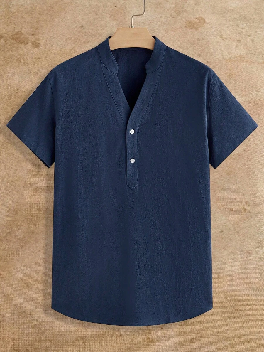 HIMLAND Camisa de hombre de corte holgado con media botonadura de color liso - Azul Marino - View 1