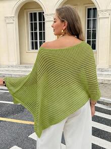 Easura 女款春夏秋時尚休閒不對稱鏤空露肩寬鬆顯瘦大尺碼長袖套頭針織衫，外穿上衣，適合海灘度假 - 薄荷綠 - 查看 2