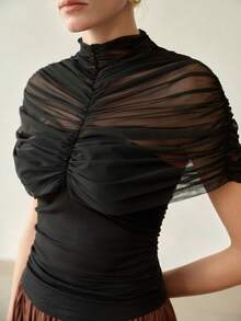 MOTF PREMIUM MINIMALIST CONTRAST MESH SHEER PLEATED T-SHIRT - Black - View 3