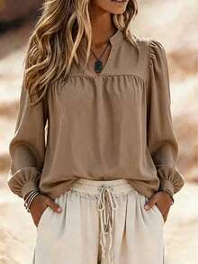 Linhara CURVE Women's Spring/Summer Stand Collar Puff Sleeve Elegant Long Sleeve Blouse Top, Suitable For Dating / Commuting / Afternoon Tea With Friends Fall - Coffee Brown - View 7