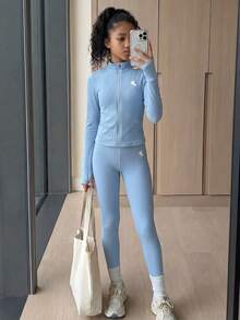 SHEIN Tween女孩純色紋理休閒長袖運動服，兒童秋冬套裝 - 淺藍色 - 查看 6