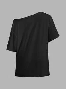 SHEIN EZwear 字母图案不对称下摆 T 恤 - 彩色 - 查看 2