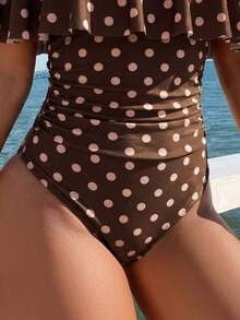 EMERY ROSE Traje de baño de una pieza para mujer con estampado aleatorio de lunares, volantes, hombros descubiertos y fruncido lateral, estilo boho para festival, primavera/verano - Multicolor - Ver 4