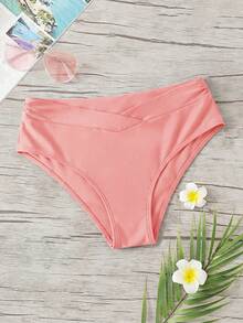 Swim Basics 女款夏季度假海灘V腰純色泳衣泳褲 - 粉色 - 查看 3