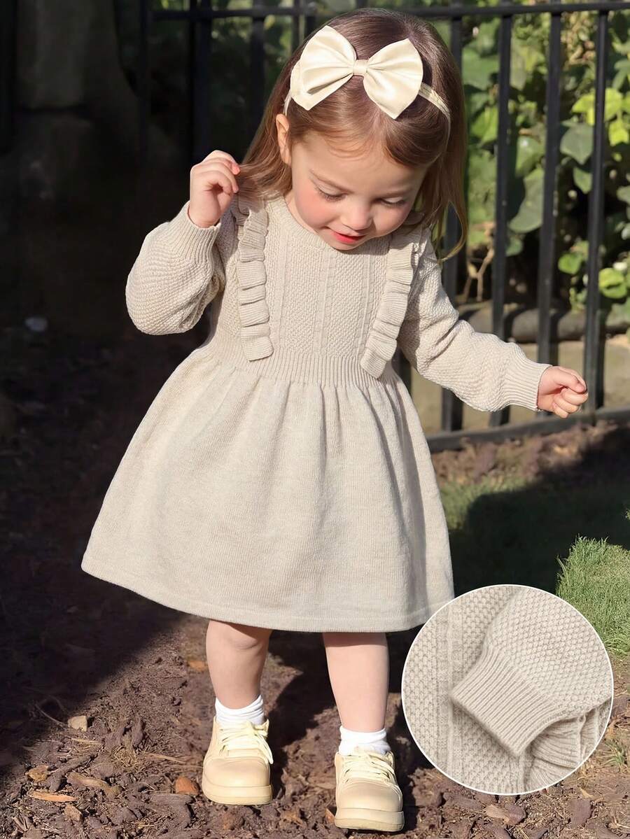 SHEIN Baby Girl Solid Color Pleated Knitted Dress For Autumn/Winter - Apricot - View 1