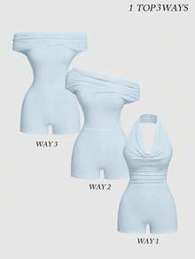 Sweetra Plus Size Women Black Knit Fitted Elastic Jumpsuit Short Romper With Multiple Wear Styles, Elegant Cowl Neck, Gentle Off-Shoulder, Commuter Asymmetric Shoulder, Sleeveless, Waist-Cinching, Soft Comfortable Inclusive Fit - Baby Blue - View 1