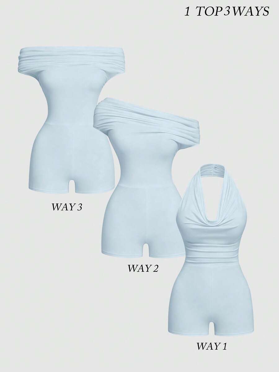 Sweetra Plus Size Women Black Knit Fitted Elastic Jumpsuit Short Romper With Multiple Wear Styles, Elegant Cowl Neck, Gentle Off-Shoulder, Commuter Asymmetric Shoulder, Sleeveless, Waist-Cinching, Soft Comfortable Inclusive Fit - Baby Blue - View 1