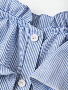 Elenzga Women's Patchwork Ruffle Stripe Button Design Cold-Shoulder Top - Blue - View 6