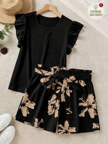 EMERY ROSE Elegant Solid Color Ruffle Top And Printed Shorts Two Pieces Set, - Multicolor - View 1