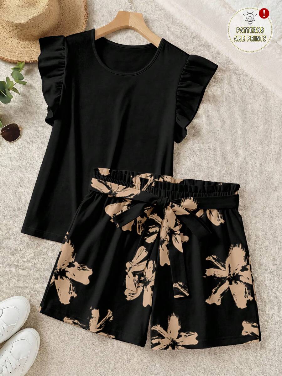 EMERY ROSE Elegant Solid Color Ruffle Top And Printed Shorts Two Pieces Set, - Multicolor - View 1
