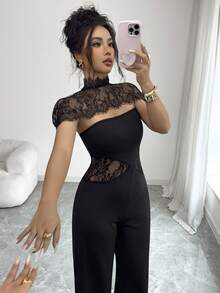 SHEIN Elenzya Women's Contrast Lace Stand Collar Elegant Wide Leg Jumpsuit - Black - View 5