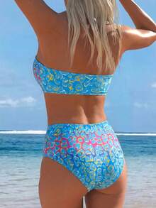 Swim Lushoire Women's Summer Vacation Beach Sexy Colorful Gradient Leopard Print Detachable Spaghetti Strap Bandeau High Waist Bikini Set - Multicolor - View 2