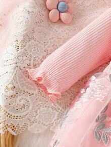 SHEIN Conjunto de 2 piezas para bebé niña, vestido acanalado dulce con bordado, lazo y empalme de malla - Rosa - Ver 8