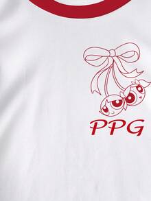 THE POWERPUFF GIRLS X SHEIN 女嬰卡通圖案條紋印花撞色圓領短袖上衣 - 白色 - 查看 4