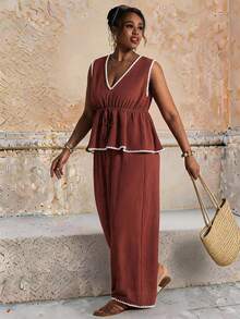 Elaquor Plus Size Vacation Casual Bohemian Boho Contrast Trim Tank Top Long Pants 2 Pieces Set Summer Going Out Bussines Beach Brunch Ruffle Hem - Redwood - View 2
