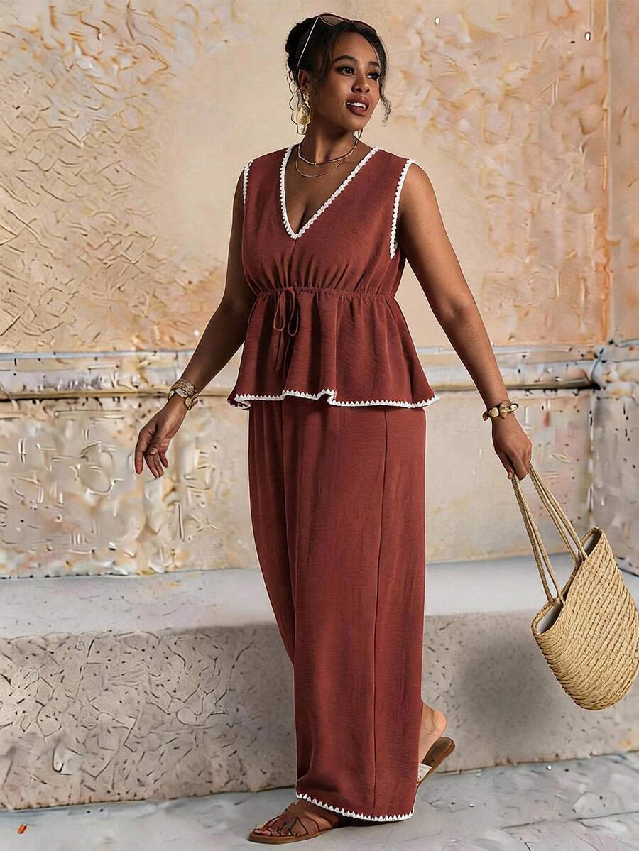 Elaquor Plus Size Vacation Casual Bohemian Boho Contrast Trim Tank Top Long Pants 2 Pieces Set Summer Going Out Bussines Beach Brunch Ruffle Hem