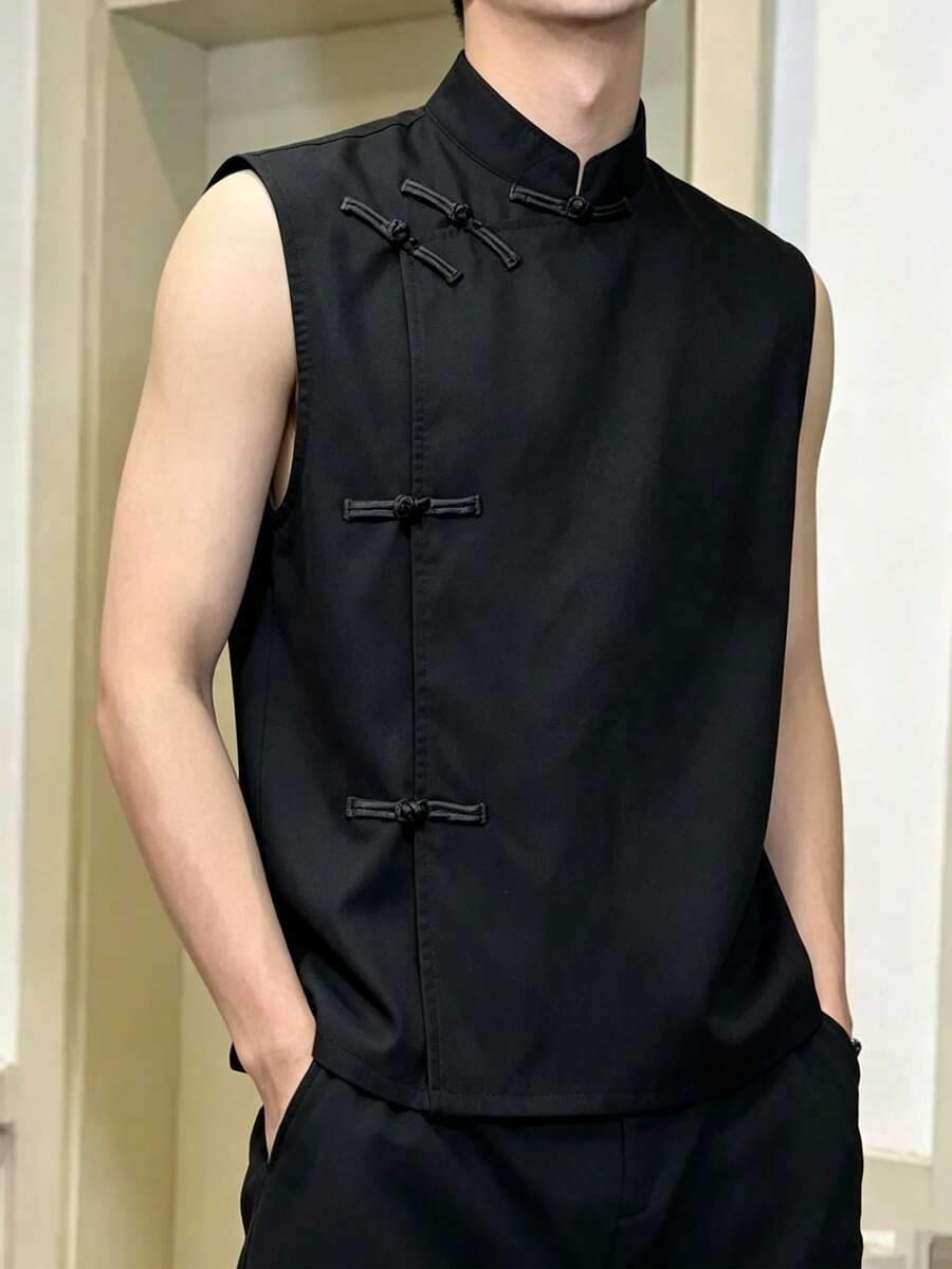 Manfinity Hypemode 男士純色青蛙鈕扣設計休閒背心 - 黑色 - 查看 1