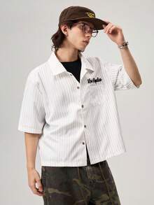 Men's Letter Embroidered Striped Short Sleeve Single-Breasted Shirt - White - View 6