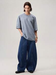 Oversized Men's Letter Embossed Drop Shoulder T-Shirt, Fall - Dusty Blue - View 7