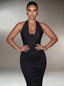 Nuvra Women's Double-Layer Tummy Control Skirt With Shapewear Lining,Elegant Black,Autumn Night Ruched Back Fishtail Hem,Cinched Waist Casual/Office Wear - Black - View 3