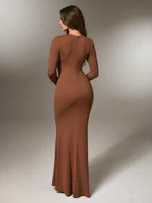 Nuvra Fashionable Sexy Solid Color Hollow Out Bodycon Dress - Brown - View 2