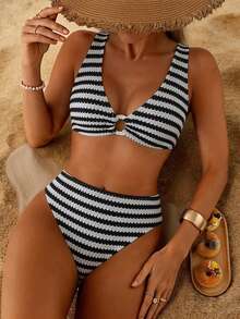 Swim Vcay 女款夏季海灘條紋時尚比基尼三角褲兩件式泳衣套裝 - 彩色 - 查看 5