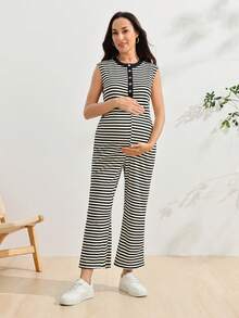 SHEIN Mono casual de maternidad con media tapeta de botones y rayas - Blanco y Negro - Ver 7