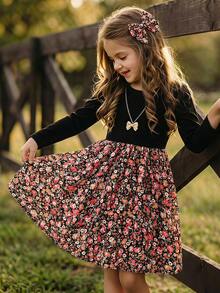 Emery Rose Kids Emery Rose Kids 年轻女孩针织纯色圆领拼布花卉一体式休闲秋冬连衣裙 - 紅色 - 查看 1