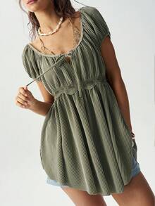 Bohemela Women's Casual Elegant Cottage Core Boho Solid Color Knit Scoop Neck Short Sleeve T-Shirt Vacation Sage Green Summer - Army Green - View 2