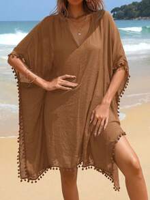 Swim Vcay 女款純色V領寬鬆度假罩衫洋裝，巧克力棕色，適合泳池派對、海灘，夏季波希米亞風 - 摩卡棕 - 查看 4