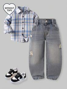 SHEIN Denimly 春夏新款男童淺藍色牛仔寬鬆鬆緊腰長褲，舒適好穿，可搭配簡單T恤或襯衫打造休閒時尚造型，亦有卡通印花款可展現俏皮風格，適合校園、戶外、旅行、家庭活動與派對等多用途穿搭 - 藍色 - 查看 8