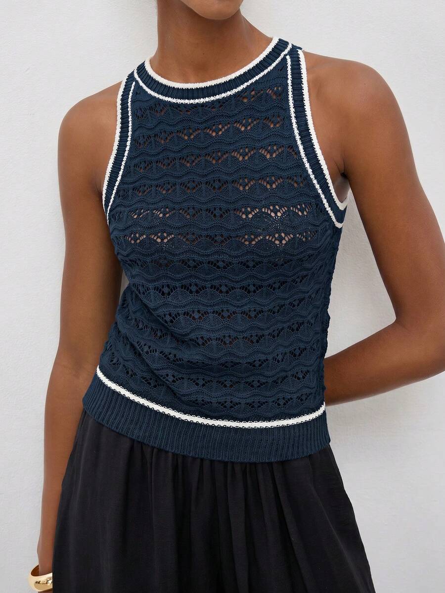 MAIJA Beach Backless Halter Neck Open Knit Crochet Knit Top - Navy Blue - View 1