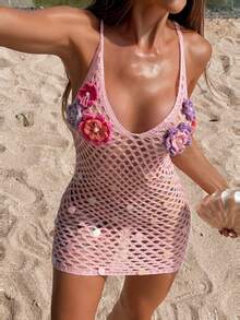 SHEIN Swim 手工钩编花朵和串珠下摆性感露背女士假日连衣裙 - 粉色 - 查看 1