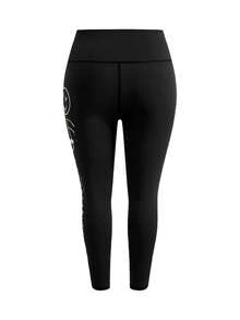 Cheerettes Women's Plus Size Letter Print Casual Versatile Daily Wear Sports Black Leggings High Stretch Breathable Moisture Wicking Graffiti Print Tummy Control - Black - View 5