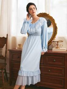 Côtesoire Women's Lace Patchwork Pleated Casual Daily Home Sleep Dress - Baby Blue - View 1