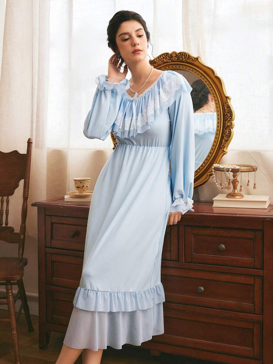 Côtesoire Women's Lace Patchwork Pleated Casual Daily Home Sleep Dress - Baby Blue - View 1