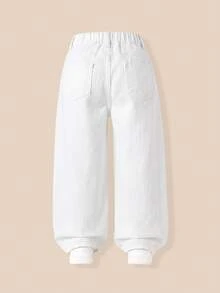 SHEIN 少女 Y2K 牛仔街頭風日常彈力腰直筒牛仔褲，平口袋設計，夏季日常 OOTD - 白色 - 查看 2
