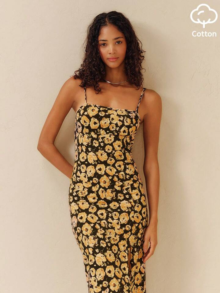 black and yellow jersey dress Vintage Floral Print Strappy Cotton Midi With A Side Slit Vaction Summer Holiday Fitted Casual Dress｜lacRébo basketball jersey dress outfit