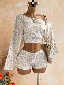 Soleia Women's Leopard Print Asymmetrical Shoulder Long Sleeve Top And Shorts Casual Daily 2-Piece Set - Multicolor - View 4