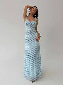 Aloruh French Minimalist Jamaican Breezy Sexy Style Polka Dot Spaghetti Strap Dress Blue Mesh Long Beach Holiday Vacation Bodycon Wedding Party Y2K Summer - Multicolor - View 8