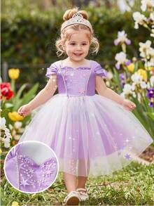 SHEIN Glamorique Kids Baby Girl Princess Dress, Birthday Party, Wedding Holiday, Ball Gown, Purple Tulle Princess Dress, Star Print, All Seasons, Makes Her Look More Cute And Playful, Prom Dresses, Graduation Dresses, Summer Dress - Purple - View 11