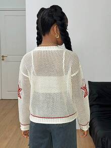 SHEIN Tween Girl V-Neck Knit Winter Sweater, Jersey Style Red Letter Graphic, Oversized Relaxed Fit Off-White, Autumn, Streetwear, Holiday, Back-To-School - Beige - View 2