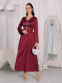 Al Najma Women's Elegant Long Sleeve Arabic Style Dress With Rhinestone Decoration - Burgundy - View 4