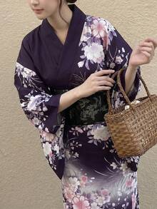 Irokai 女款花卉印花休閒日常居家浴袍 - 紫色 - 查看 5