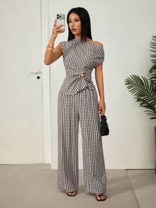 SHEIN PETITE 女款棕色格紋露肩兩件式套裝，附金屬裝飾，適合辦公穿著 - 棕色 - 查看 6
