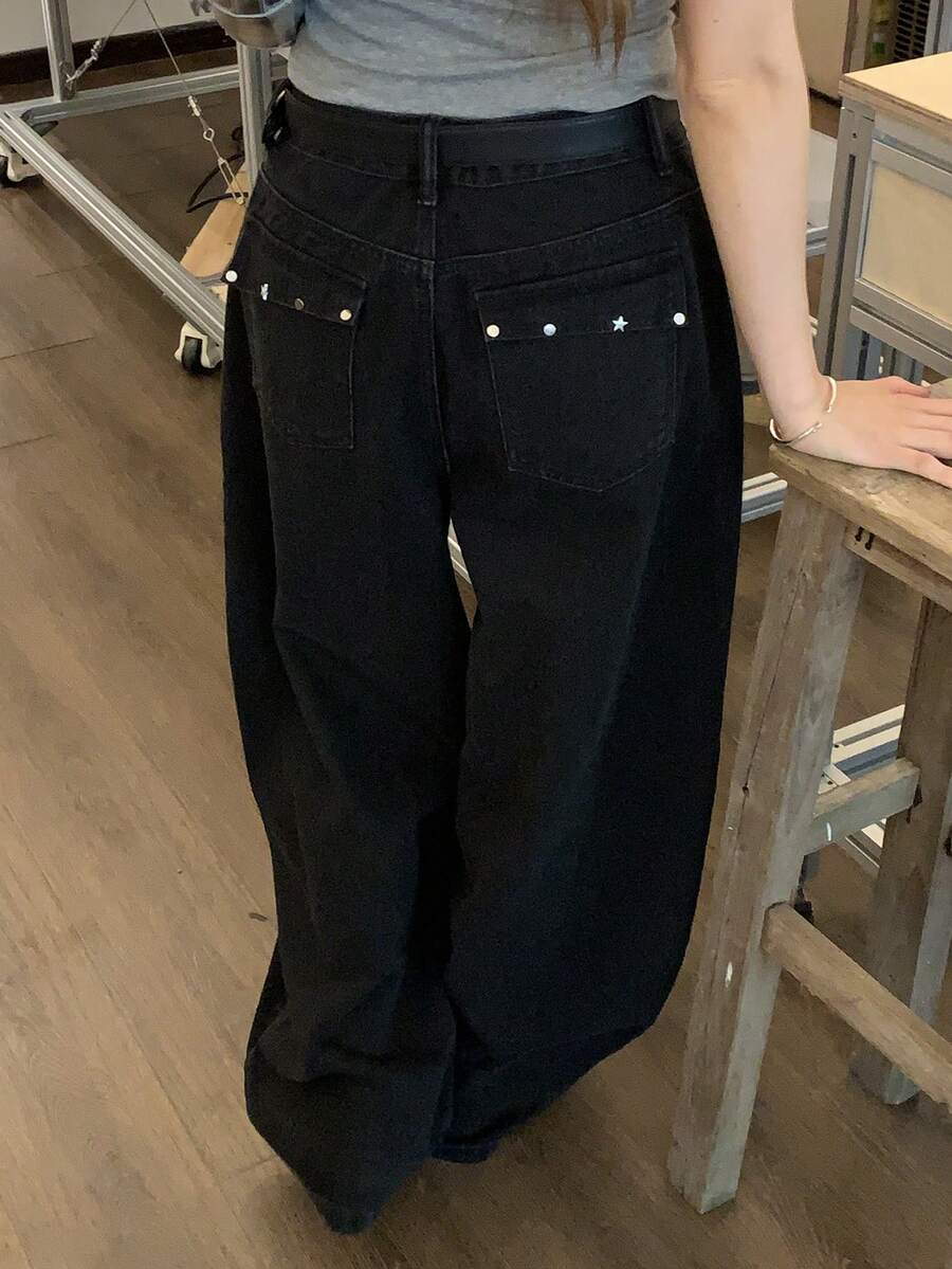 DAZY Women's Solid Color Loose Rivet Casual Street Vacation Curved Leg Jeans Fall - Black - View 1