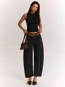 SHEIN BAE Women'S Polka Dot Pattern Pocket Tapered Casual 80s Retro Streetwear Denim Jeans Fall Clothes Teacher Pants Daytime Holiday Going Out Everyday Date - Black - View 5