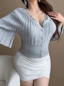 Vibekara French Design Mid-Length Sleeve Vintage Lace Patchwork Niche Elegant Grey Cardigan Winter - Grey - View 5