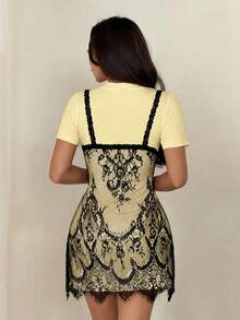 SHEIN PETITE 女款性感蕾絲二合一短袖洋裝 - 淡黃色 - 查看 2
