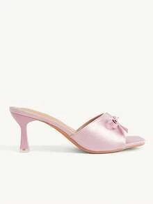 CUCCOO CHICEST 法式溫柔風粉色緞面蕾絲方頭高跟涼鞋，蝴蝶結細高跟女鞋 - 粉色 - 查看 3